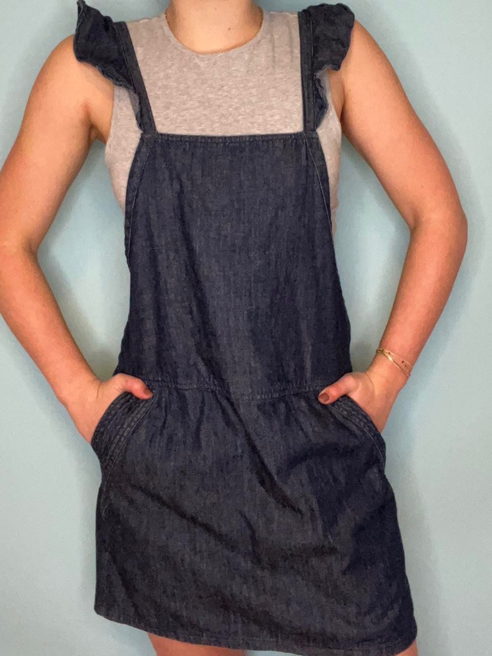 Joie Mikki denim criss cross ruffle strap mini dress